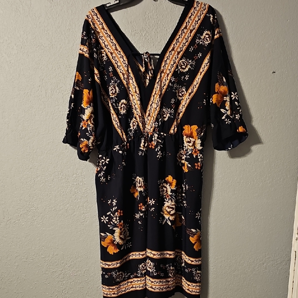 SHEIN Black and Orange Floral Long Sleeve Dress